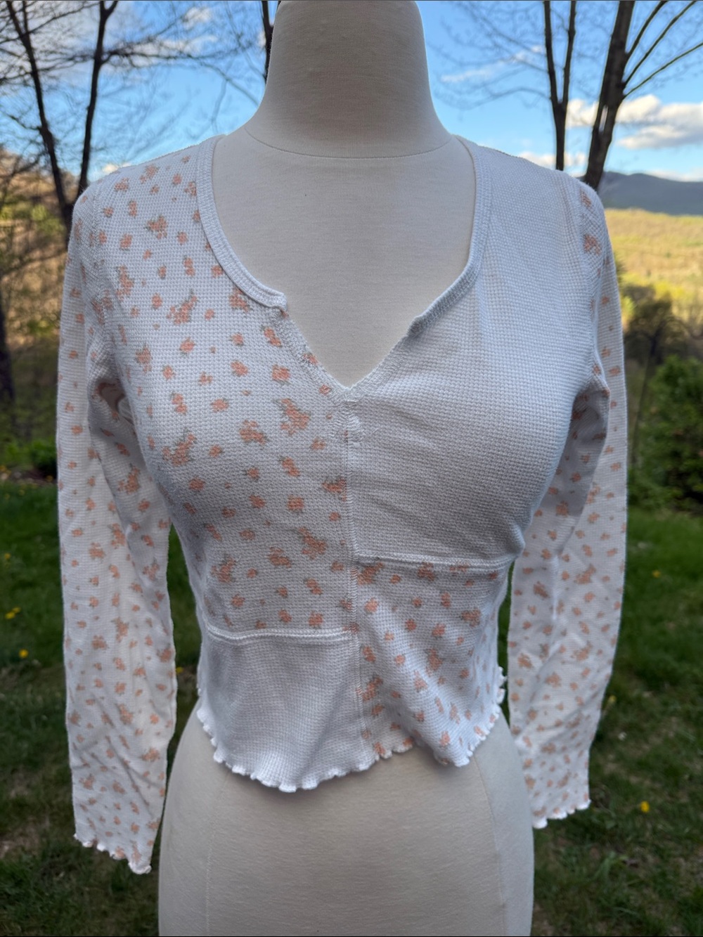 American Eagle Outfitters White Floral Patchwork Long-Sleeve Top